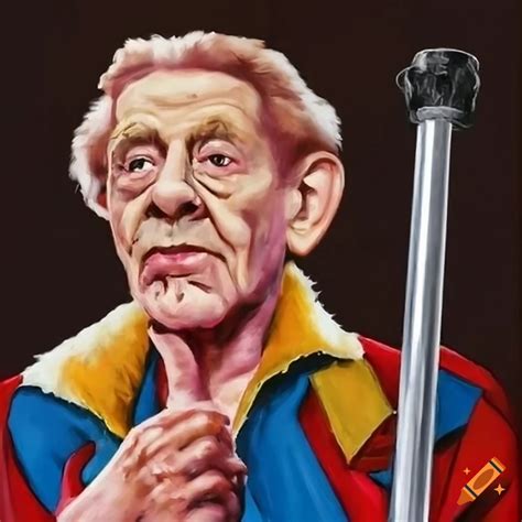 Painting of jerry stiller as the father of festivus holding an aluminum pole in a wrestling ...