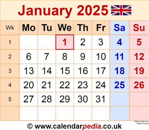 Calendar January 2025 UK with Excel, Word and PDF templates