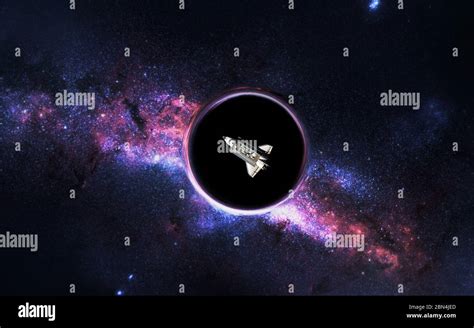 Black hole near space shuttle with far galaxy on the background ...