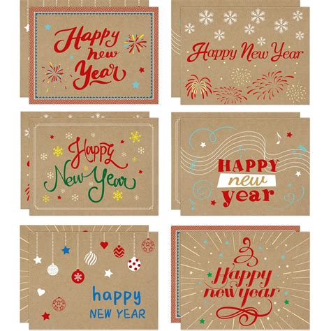 FANCY LAND 24PCS Happy New Year Cards with Envelopes Kraft Holiday ...