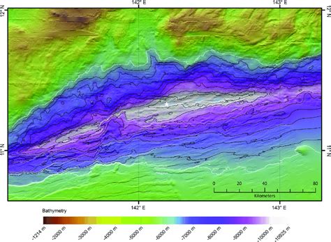 Map of the deepest section of the Mariana Trench with the deepest ...