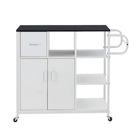 34.53 in. White Kitchen Cart with Spice Rack and Lockable Wheels ...