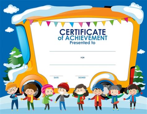 Certificate template with children in winter | Free Vector