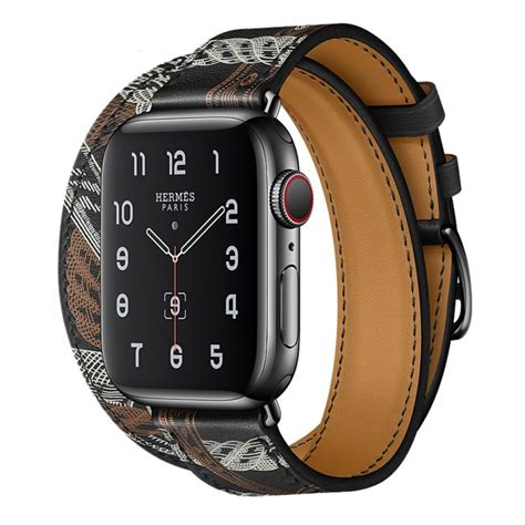 Full Black Printed Double Tour Band Apple iWatch Hermes In Leather