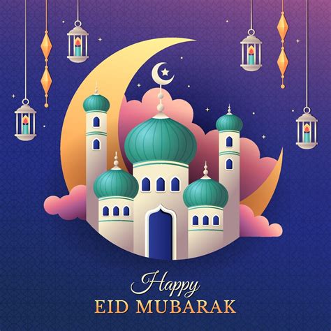 Happy Eid Mubarak Greeting with Mosque and Lanterns 2206429 Vector Art ...