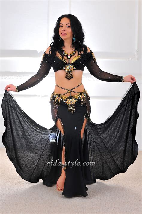 Black Professional Belly Dancer Costume with Sleeves - Aida Style