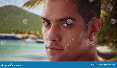 Close Up Portrait of Millennial Hispanic Tourist on Caribbean Beach ...