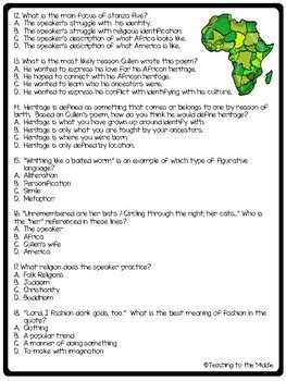 Heritage by Countee Cullen Poem Analysis and Comprehension Worksheet