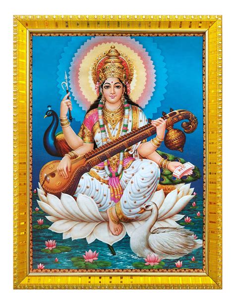 Buy Koshtak Saraswati Mata With Sitar And Hans Peacock Photo Frame With Laminated For Puja Room ...