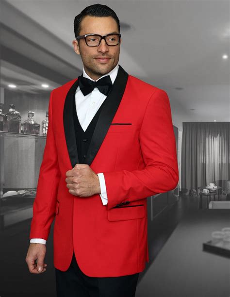 STATEMENT ENCORE RED, 4 PC SUIT WITH MATCHING BOW TIE, MODERN FIT, WOOL ...