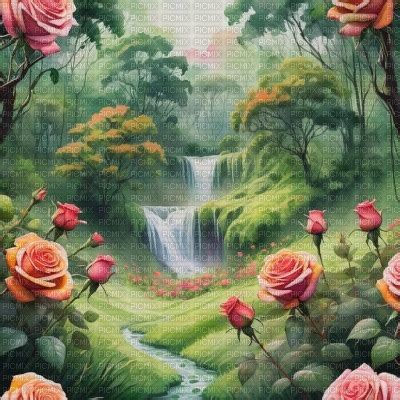 Waterfall with Peach coloured Roses, waterfall , roses , nature , natural , background , forest ...