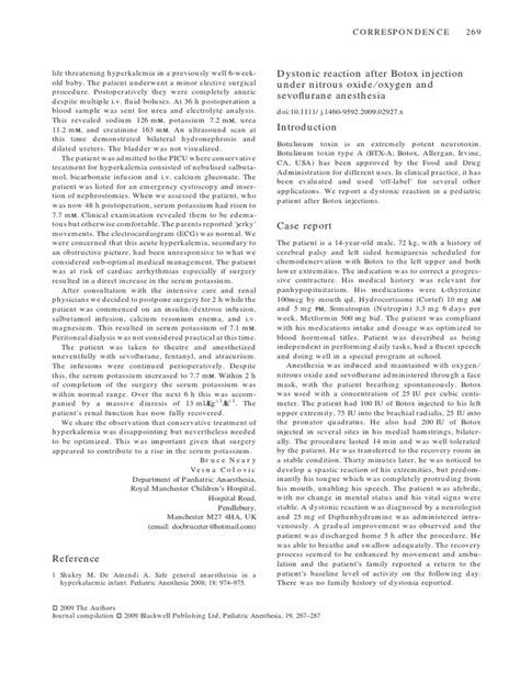 Dystonic Reaction After Botox Injection Under Nitrous Oxide-Oxygen and | PDF | Anesthesia ...