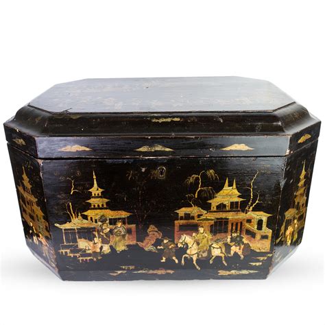 Antique Chinese Export Lacquer Storage Box. Chinese Black Lacquerware Sewing Box with Hand ...