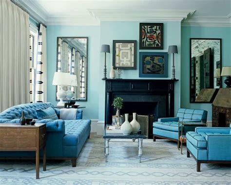 Coastal Living Room With Monochromatic Color Schemes And Blue Oversized ...