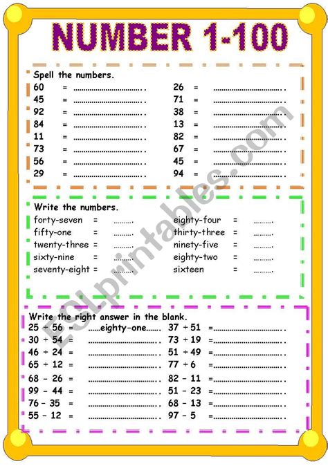 Printable Numbers 1 100 Worksheets