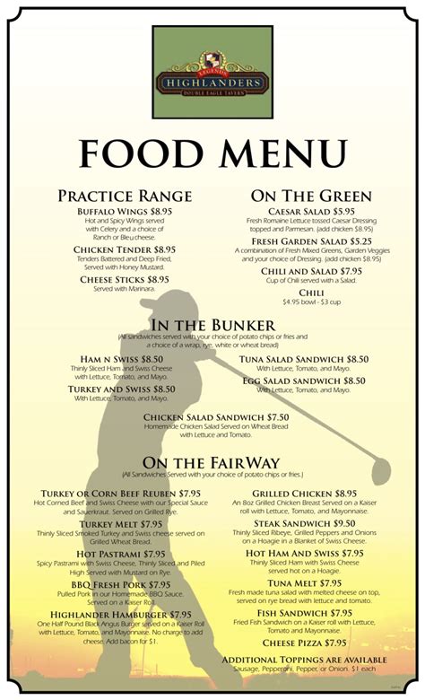 Legends Menu for Golf Tournament