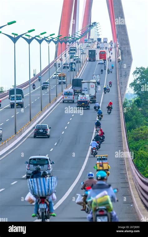 Heavy traffic on Can Tho bridge on summer afternoon . Can Tho bridge is ...