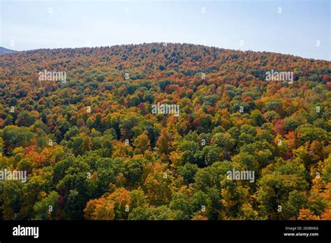 Aerial view of fall foliage along the Catskill Mountains in upstate New York along Five State ...