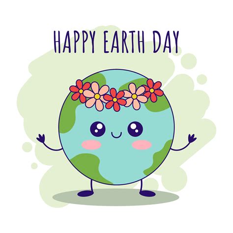 Cute cartoon kawaii earth character on a green background. Happy Earth day greeting card. Hand ...