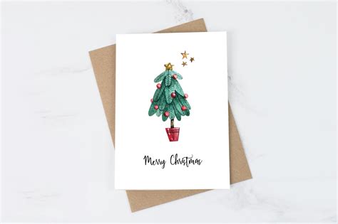 Watercolor Christmas Tree Printable Greeting Card Merry - Etsy