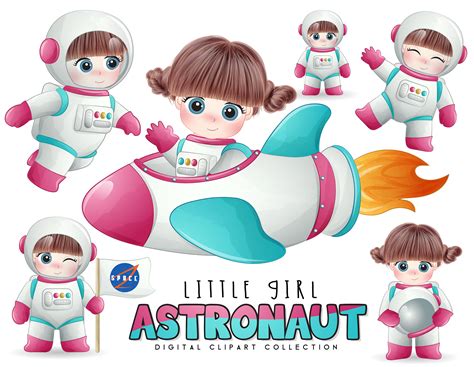 Cute little girl astronaut poses digital clipart collection.