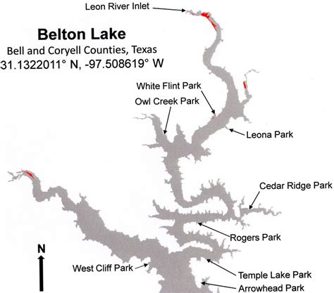 Map of Belton Lake showing the locations of the Leon River Inlet and... | Download Scientific ...