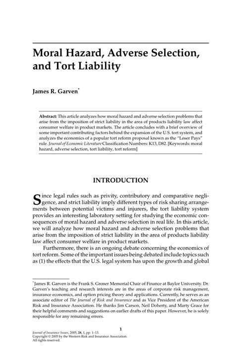 (PDF) Moral Hazard, Adverse Selection, and Tort Liability