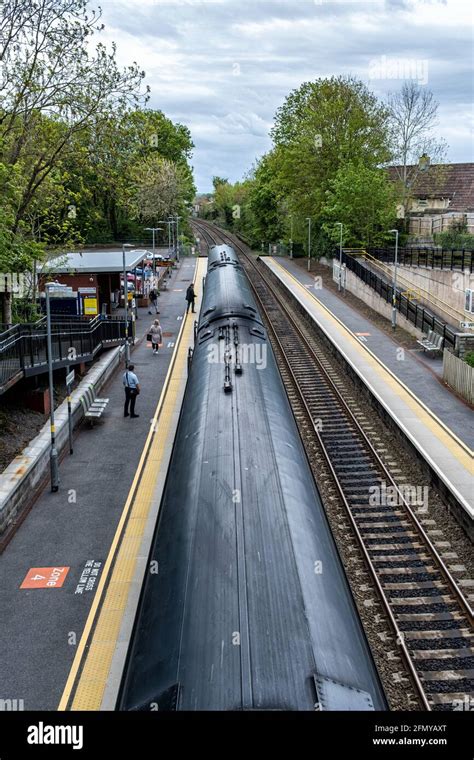 Passenger train arriving at Keynsham train station, Bristol (May21 ...