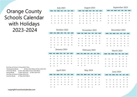 Orange County Schools Calendar with Holidays 2023-2024