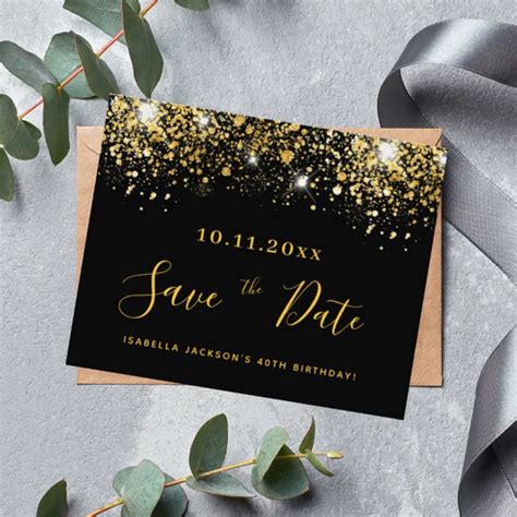 Birthday black gold glitter budget save the date flyer | Zazzle