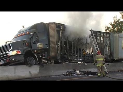 semi truck UPS crash burned fire - YouTube