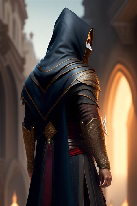 Lexica - Back portrait of an hooded assassin wearing an assassin creed inspired outfit, full ...