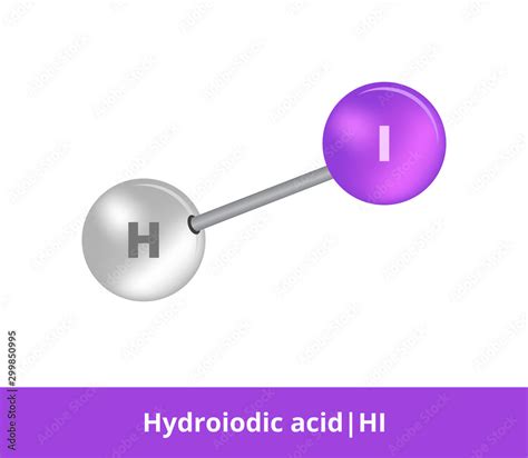 Vector ball-and-stick icon of hydroiodic acid or hydrogen iodide HI structure consisting of ...