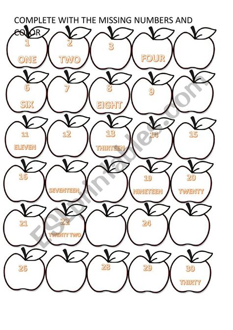 COMPLETE THE NUMBERS 1 TO 30 - ESL worksheet by PriscilaManu