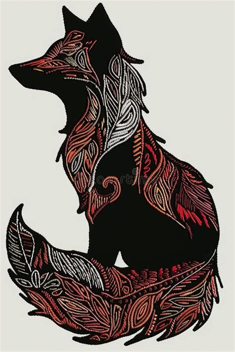 A Drawing of a Fox with a Long Tail, Embroidery on White Background ...