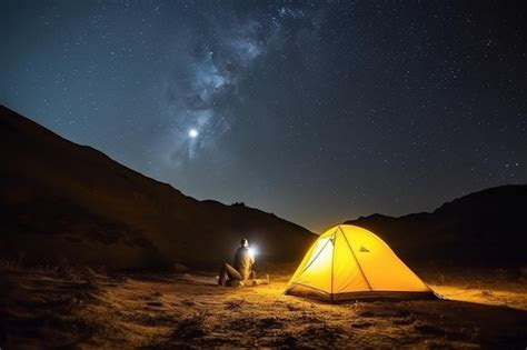 Premium AI Image | Starry night camping Tourist with flashlight near ...