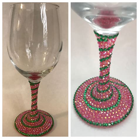 Pink and green swirl rhinestone wine glass by BarwareBling | Diy wine glass, Wine glass crafts ...