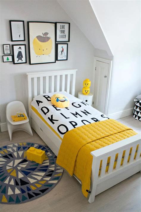 A boy's bedroom with pops of yellow. | Yellow bedroom decor, Boys bedroom decor, Kid room decor