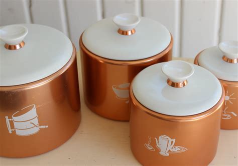 Copper & White Vintage Metal Canister Set by MIRRO, Retro Mid Century ...