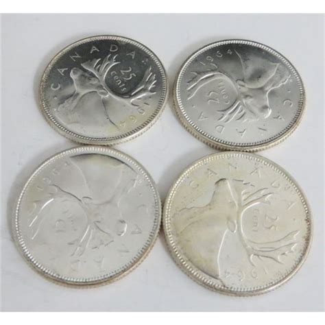 4 Canadian Silver Quarters 1964