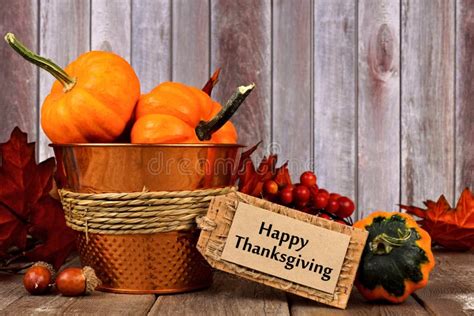 Happy Thanksgiving Tag, And Autumn Decor With Rustic Wood Background Stock Image - Image of ...