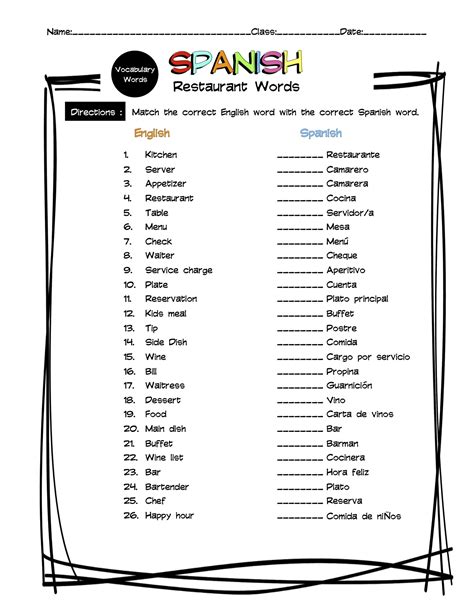 Spanish Restaurant Vocabulary Matching Worksheet & Answer Key | Made By Teachers