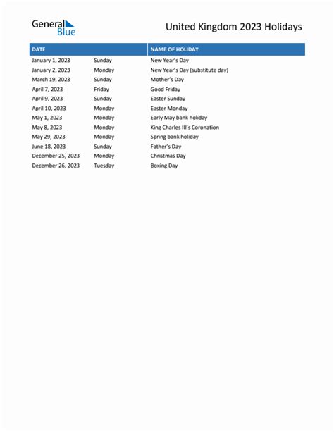 2023 United Kingdom List of Holidays in PDF, Word, and Excel