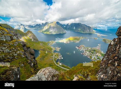 The Reinebringen hiking trail final viewpoint an epic panorama of Reinefjorden, Lofoten islands ...