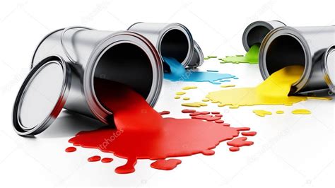 Open metal paint cans with spilled paints. 3D illustration — Stock ...