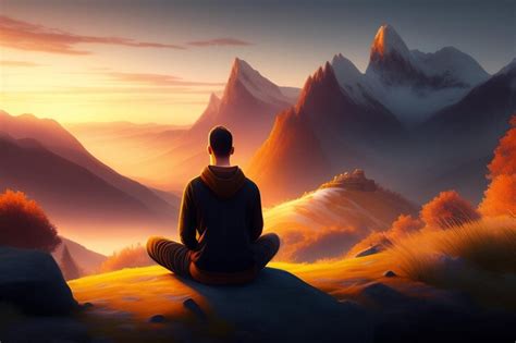 Free Photo | A man meditating in front of a mountain landscape.