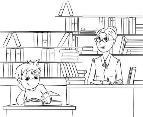 Library Student and Librarian Coloring Page