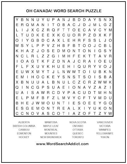 Oh Canada! Printable Word Search Puzzle | Word Search Addict