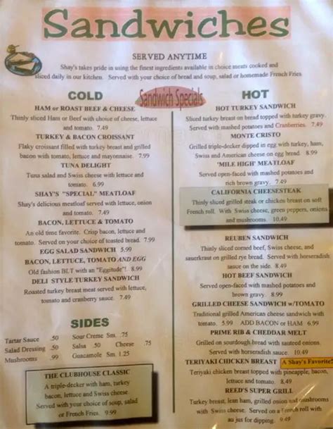 Menu at Shay's Restaurant, Shoreline