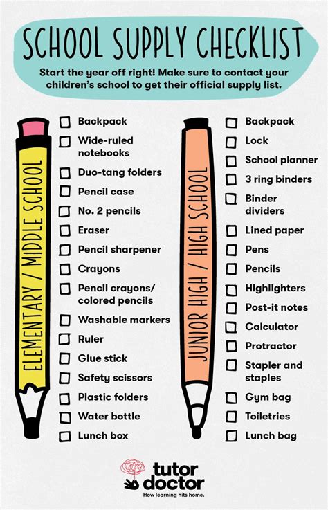 School supply checklist for elementary/middle school and junior high/high school. | Middle ...